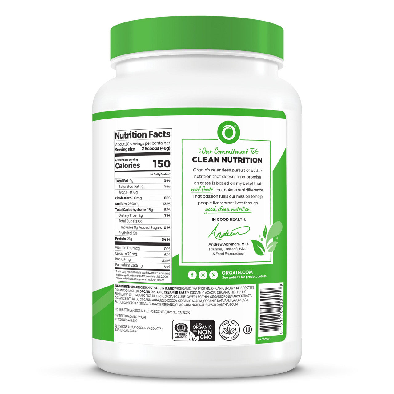 Orgain Organic Plant-Based Protein Powder with 21g Protein & 5g Fiber
