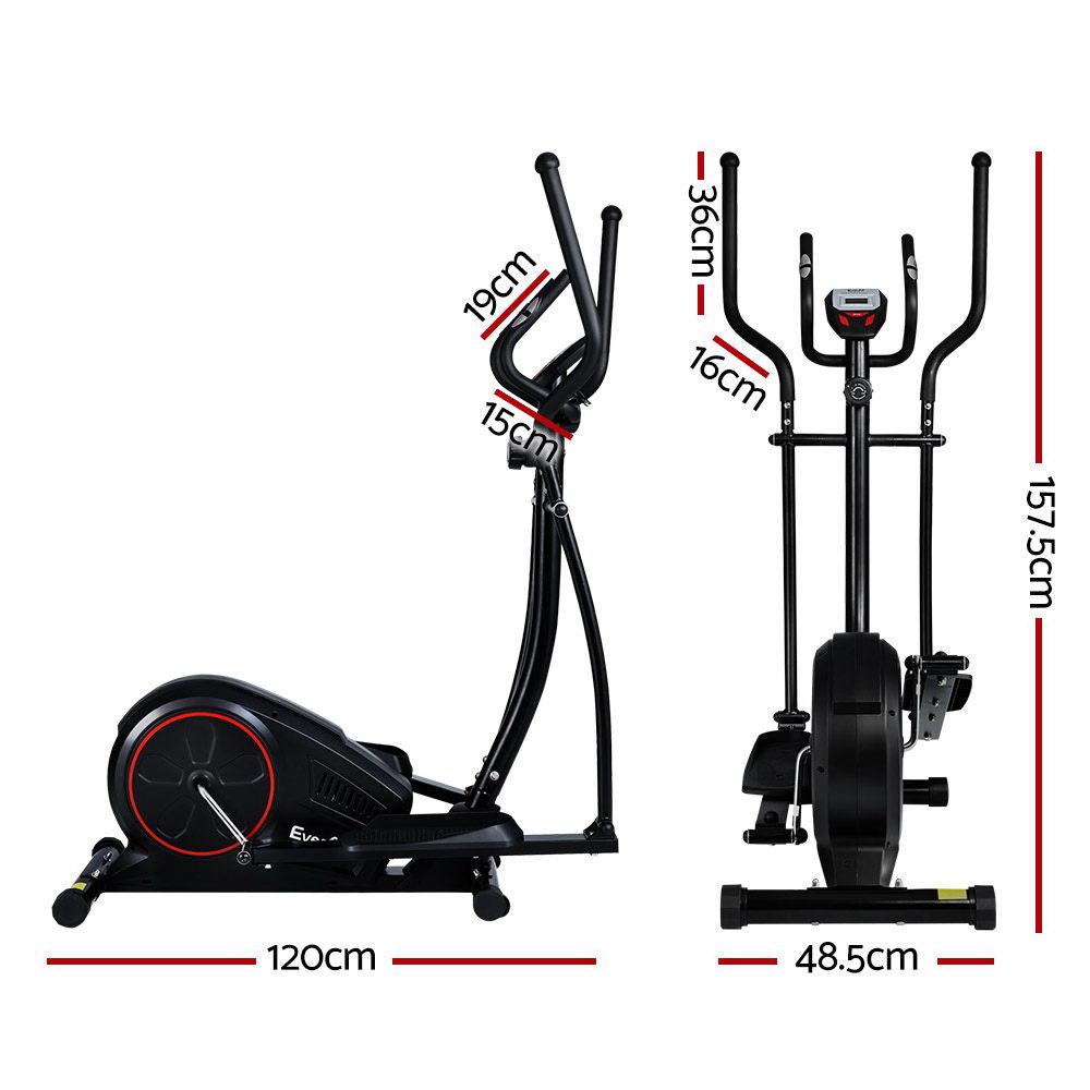 EverFlex Elliptical Exercise Bike Cross Trainer dimensions and features displayed on a white background.