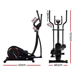 EverFlex Elliptical Exercise Bike Cross Trainer dimensions and features displayed on a white background.