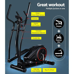 EverFlex Elliptical Exercise Bike Cross Trainer features, including pulse sensor, digital screen, and adjustable resistance.