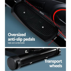 Oversized anti-slip pedals and transport wheels of EverFlex Elliptical Exercise Bike Cross Trainer for safe and easy use.
