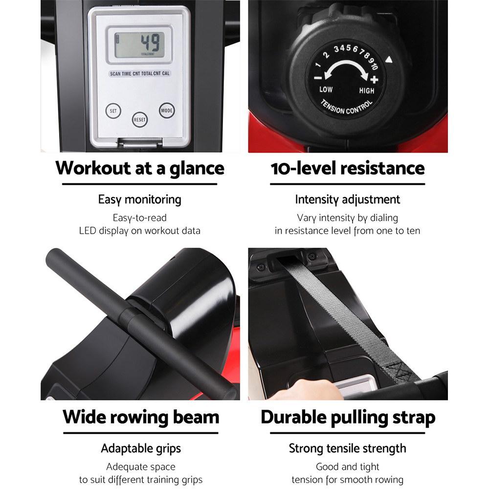 MagnaRow Cardio Rower features LCD display, 10-level resistance, wide rowing beam, and durable pulling strap for effective workouts.