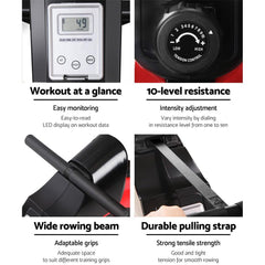 MagnaRow Cardio Rower features LCD display, 10-level resistance, wide rowing beam, and durable pulling strap for effective workouts.