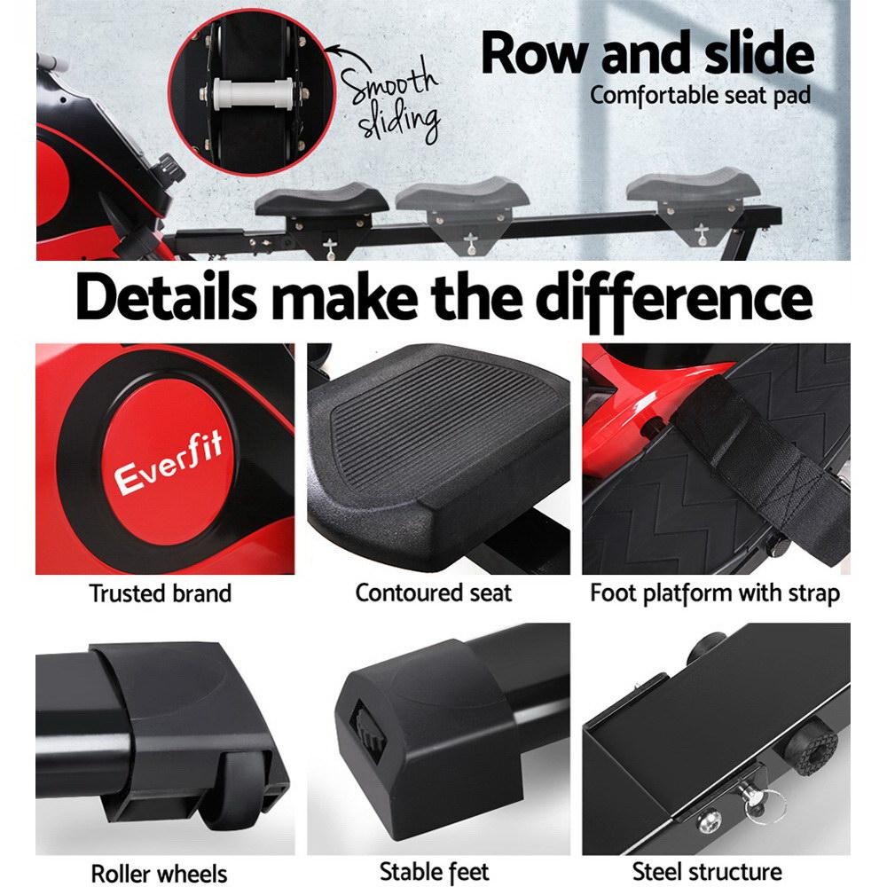 Features of the MagnaRow Cardio Rower including smooth sliding and contoured seat for effective workouts.