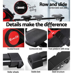 Features of the MagnaRow Cardio Rower including smooth sliding and contoured seat for effective workouts.