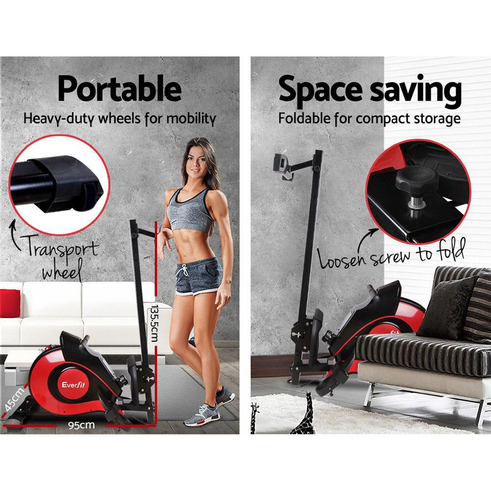 MagnaRow Cardio Rower with heavy-duty wheels for mobility and foldable design for compact storage.