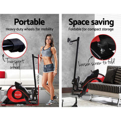 MagnaRow Cardio Rower with heavy-duty wheels for mobility and foldable design for compact storage.