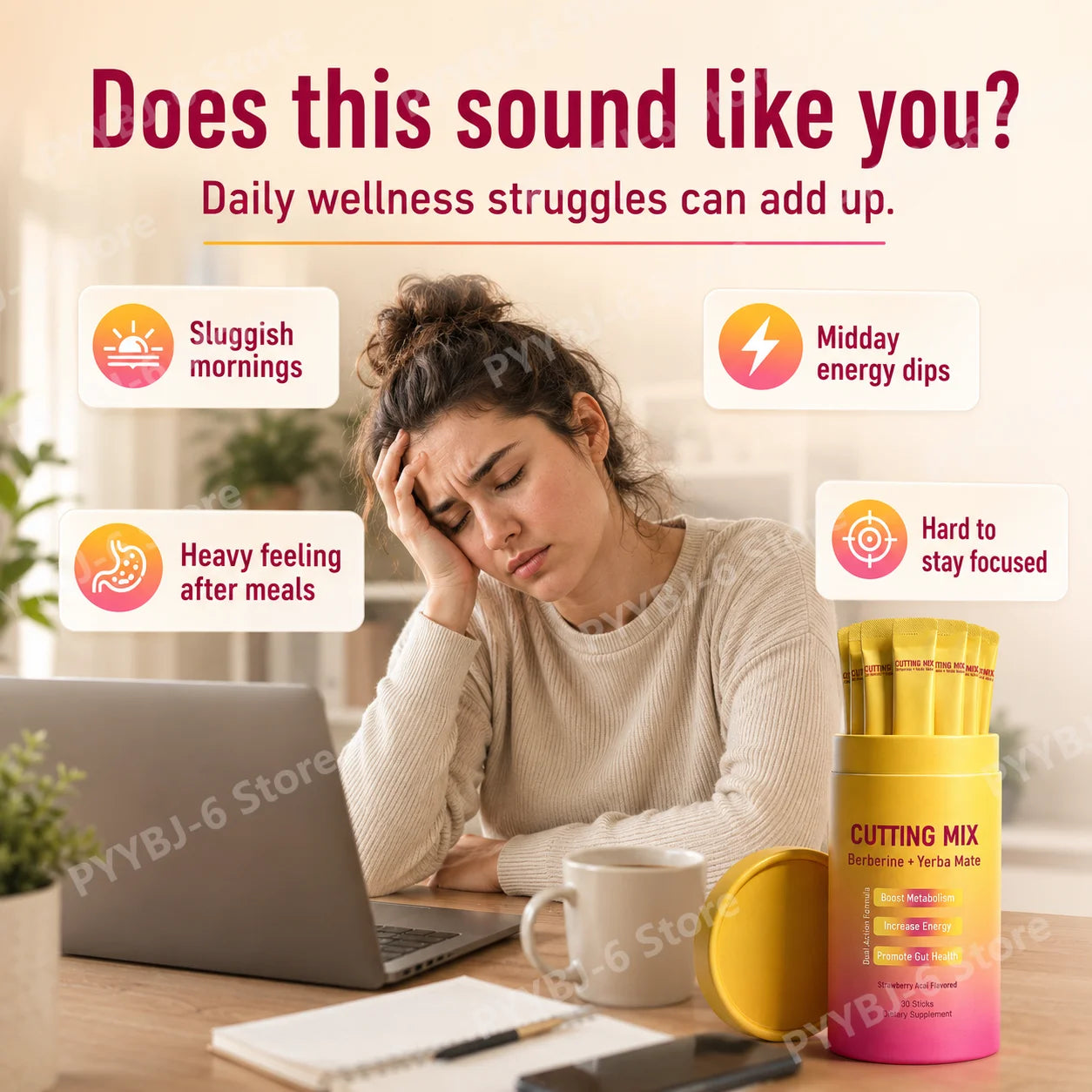 Berberine & Yerba Mate Supplement Powder | Metabolism, Energy & Gut Health Support | Strawberry Acai | 30 Stick Packs