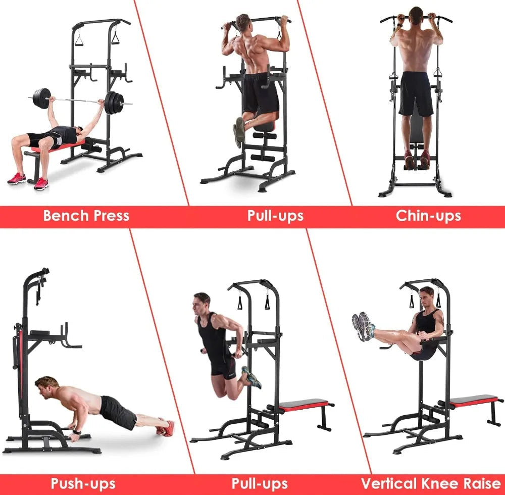 Multifunction Power Tower with Folding Bench & Pull Up Bar | 400 LBS | Home Gym