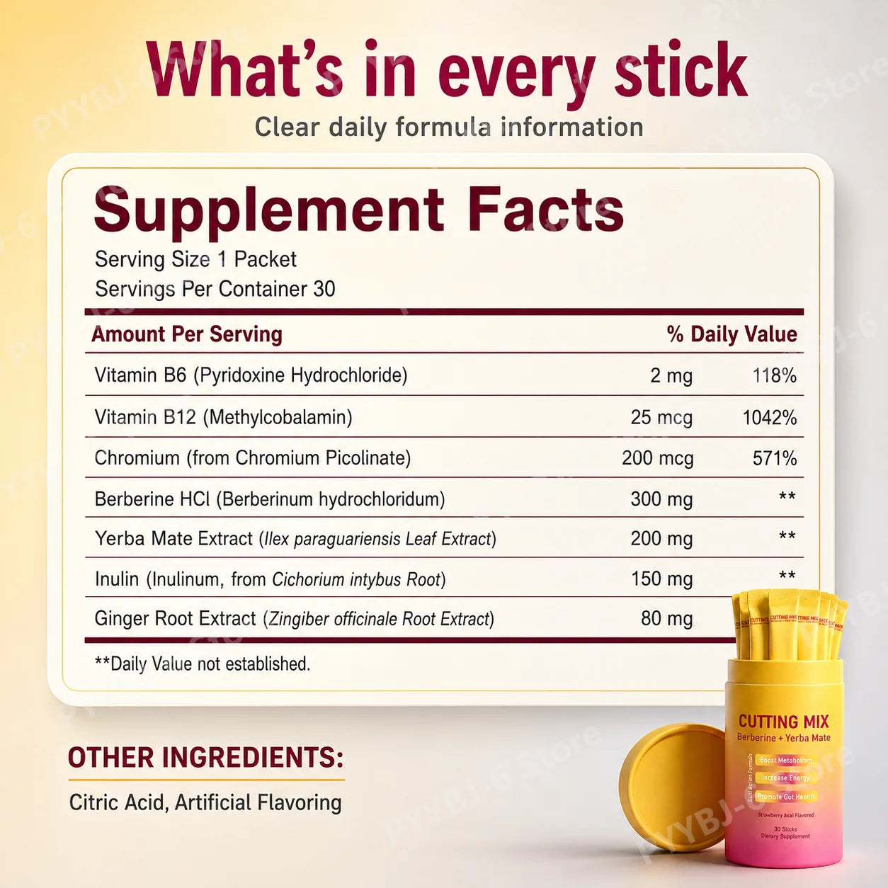 Berberine & Yerba Mate Supplement Powder | Metabolism, Energy & Gut Health Support | Strawberry Acai | 30 Stick Packs