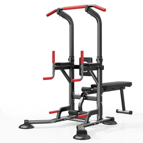 Home gym strength training equipment: multi-functional pull up bar with adjustable dip bar and foldable bench