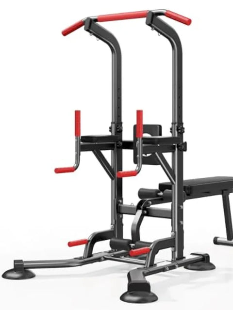 Home gym strength training equipment: multi-functional pull up bar with adjustable dip bar and foldable bench