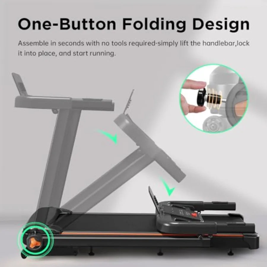Home treadmill with 0-15 auto incline 3.5HP quiet brushless motor foldable steel frame in black compact design for small spaces