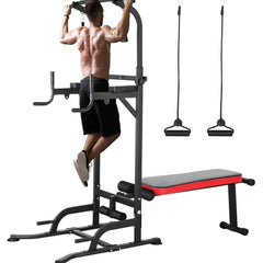 Multifunction Power Tower with Folding Bench & Pull Up Bar | 400 LBS | Home Gym