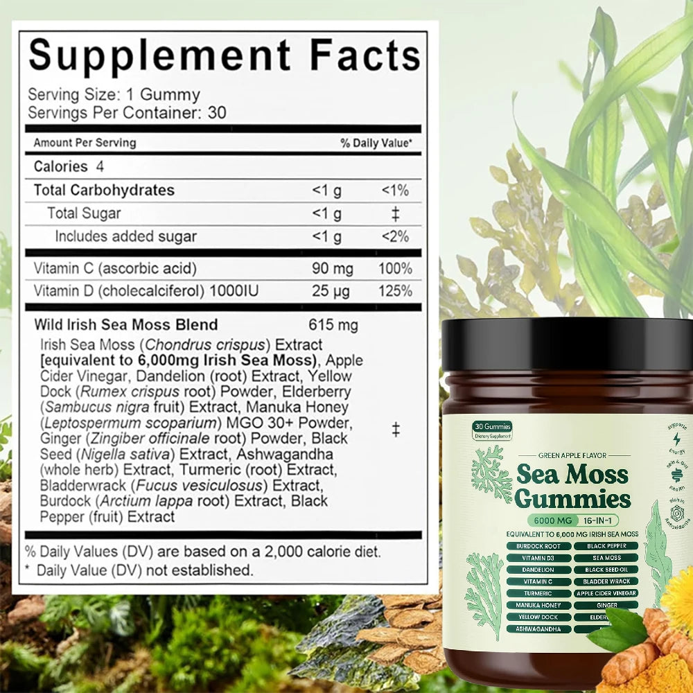 Sea Moss Gummies 16-in-1 – Ashwagandha, Black Seed Oil, Turmeric, Bladderwrack & Vitamin C D3 for Immune & Gut Health
