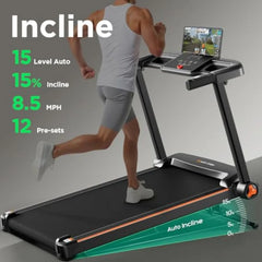 Home treadmill with 0-15 auto incline 3.5HP quiet brushless motor foldable steel frame in black compact design for small spaces