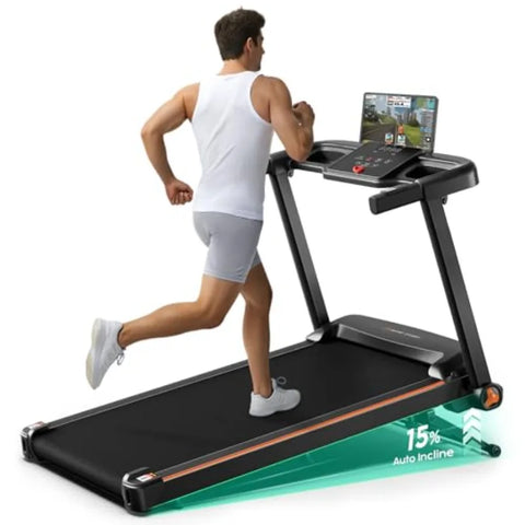 Home treadmill with 0-15 auto incline 3.5HP quiet brushless motor foldable steel frame in black compact design for small spaces