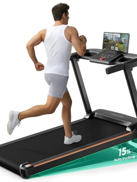 Home treadmill with 0-15 auto incline 3.5HP quiet brushless motor foldable steel frame in black compact design for small spaces
