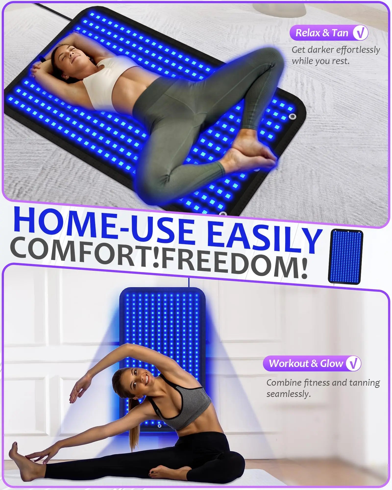 360-LED Dual Wavelength Tanning Lamp Mat | 460+490nm Blue Light Solarium Pad (100×60cm)