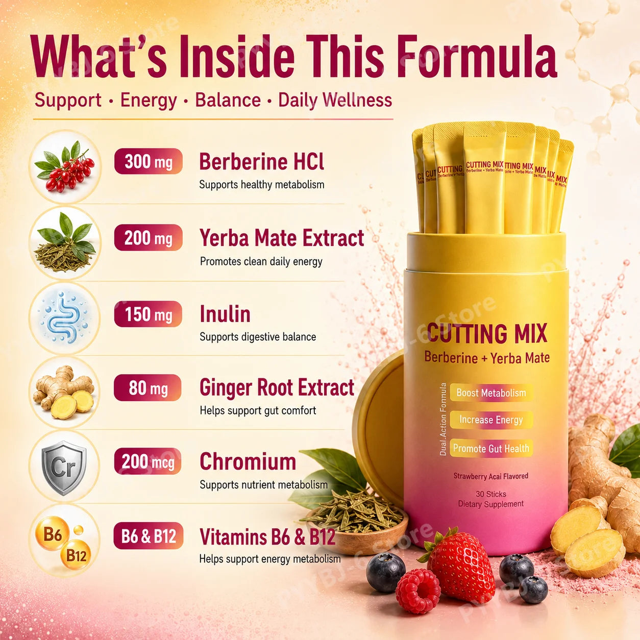 Berberine & Yerba Mate Supplement Powder | Metabolism, Energy & Gut Health Support | Strawberry Acai | 30 Stick Packs