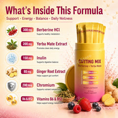 Berberine & Yerba Mate Supplement Powder | Metabolism, Energy & Gut Health Support | Strawberry Acai | 30 Stick Packs
