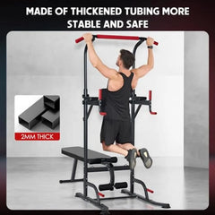 Home gym strength training equipment: multi-functional pull up bar with adjustable dip bar and foldable bench
