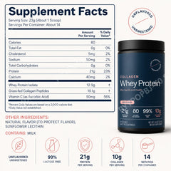 Grass-Fed Collagen Whey Protein Powder – 21g Protein, 10g Collagen, Unflavored for Skin, Hair & Joints