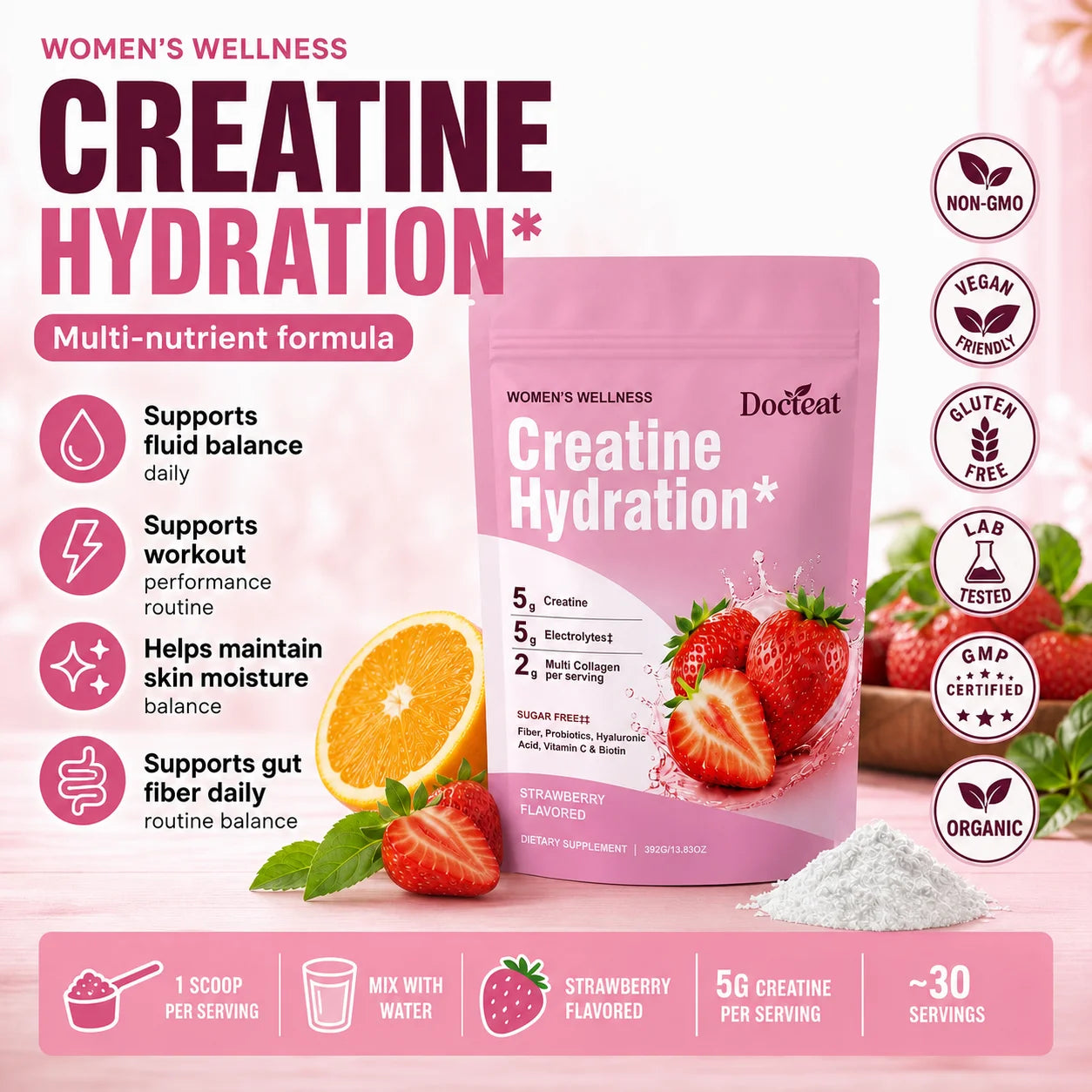 Docteat Creatine Monohydrate Hydration Powder | Probiotics, Hyaluronic Acid & Dietary Fiber | 30 Servings