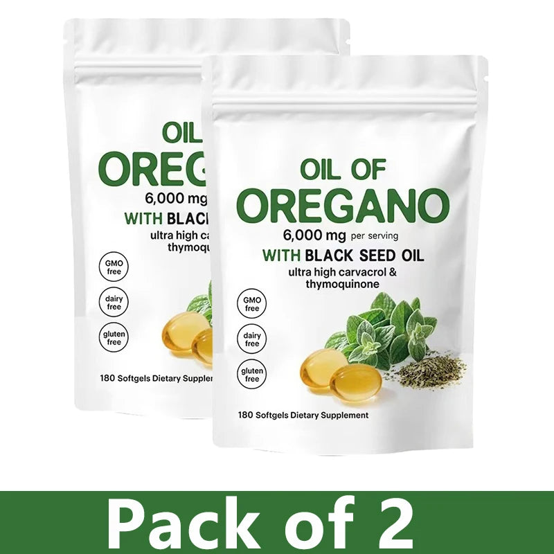 Oregano Oil Softgels with Black Seed Oil 6000mg – 4X Carvacrol for Immune & Digestive Health