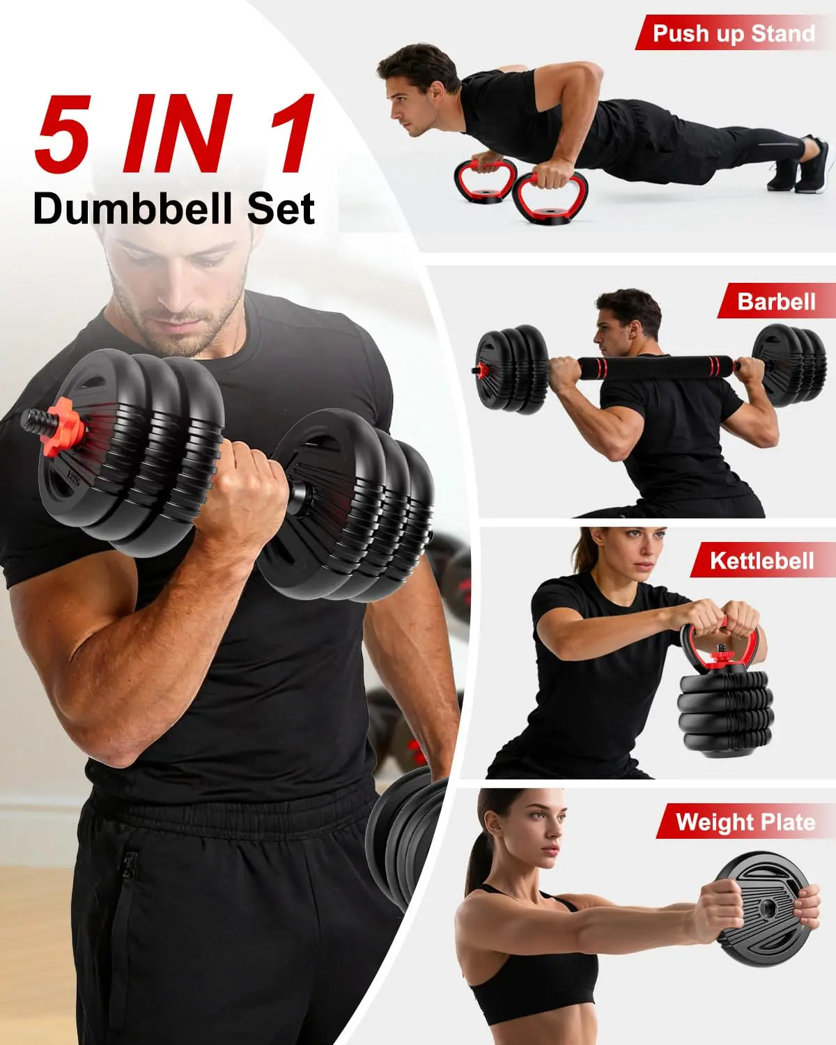 Adjustable Dumbbell Set – 5-in-1 Free Weights with Barbell, Kettlebell & Push-Up Stand, 20/30/45/70/90 lbs