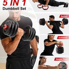Adjustable Dumbbell Set – 5-in-1 Free Weights with Barbell, Kettlebell & Push-Up Stand, 20/30/45/70/90 lbs