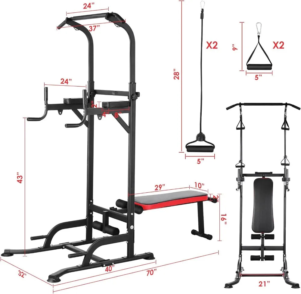 Multifunction Power Tower with Folding Bench & Pull Up Bar | 400 LBS | Home Gym