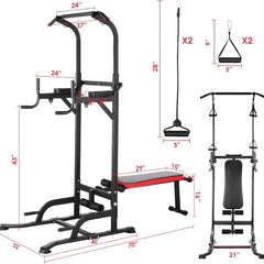 Multifunction Power Tower with Folding Bench & Pull Up Bar | 400 LBS | Home Gym