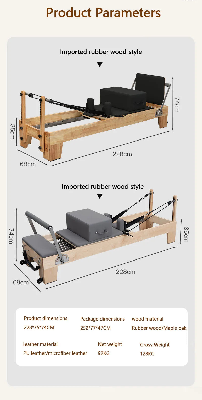 Foldable Pilates Reformer – Oak Wood & PU Leather, 228cm, SGS/CE/ISO Certified, Home & Studio Core Bed