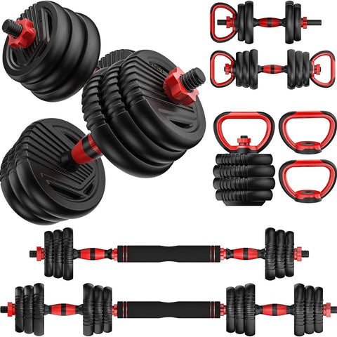 Adjustable Dumbbell Set – 5-in-1 Free Weights with Barbell, Kettlebell & Push-Up Stand, 20/30/45/70/90 lbs