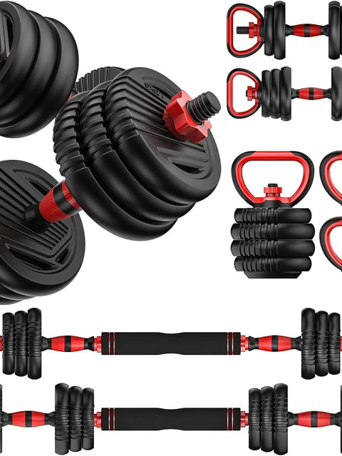 Adjustable Dumbbell Set – 5-in-1 Free Weights with Barbell, Kettlebell & Push-Up Stand, 20/30/45/70/90 lbs