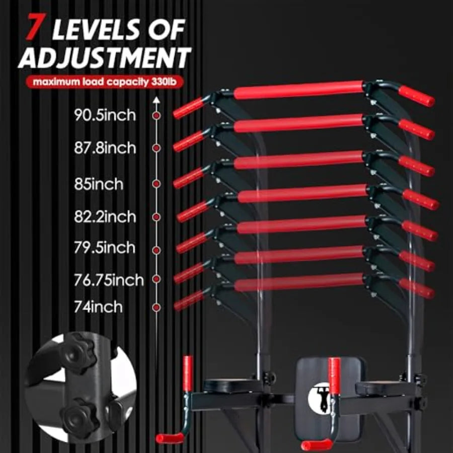 Home gym strength training equipment: multi-functional pull up bar with adjustable dip bar and foldable bench