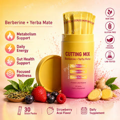 Berberine & Yerba Mate Supplement Powder | Metabolism, Energy & Gut Health Support | Strawberry Acai | 30 Stick Packs