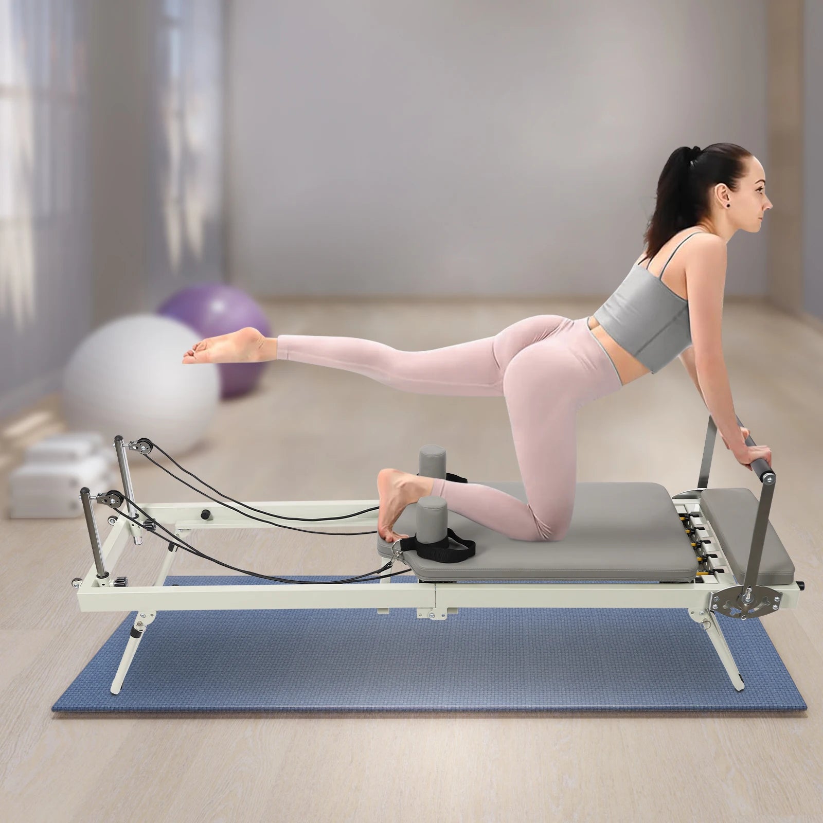 Foldable Pilates Reformer Machine – 264 lb Capacity, 2 Spring Tensions, 4 Foot Bar Positions, Home & Studio Use