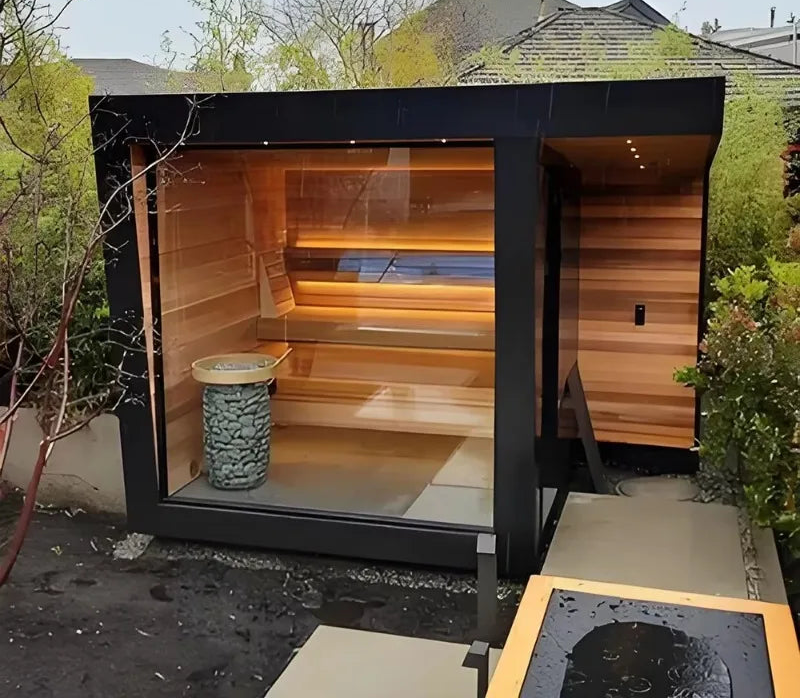 Outdoor Red Cedar Sauna Cabin with Snow Roof | 3–4 Person | Backyard & Villa