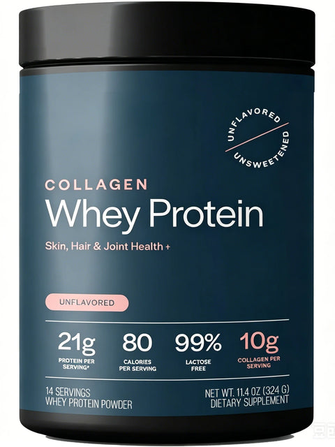 Grass-Fed Collagen Whey Protein Powder – 21g Protein, 10g Collagen, Unflavored for Skin, Hair & Joints