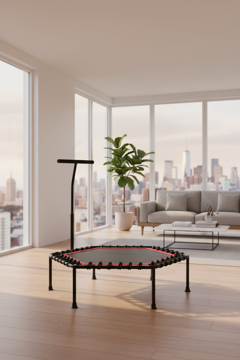 45-Inch Hexagonal Trampoline with Handrail – 330 lb Capacity Indoor Fitness Rebounder for Adults & Kids