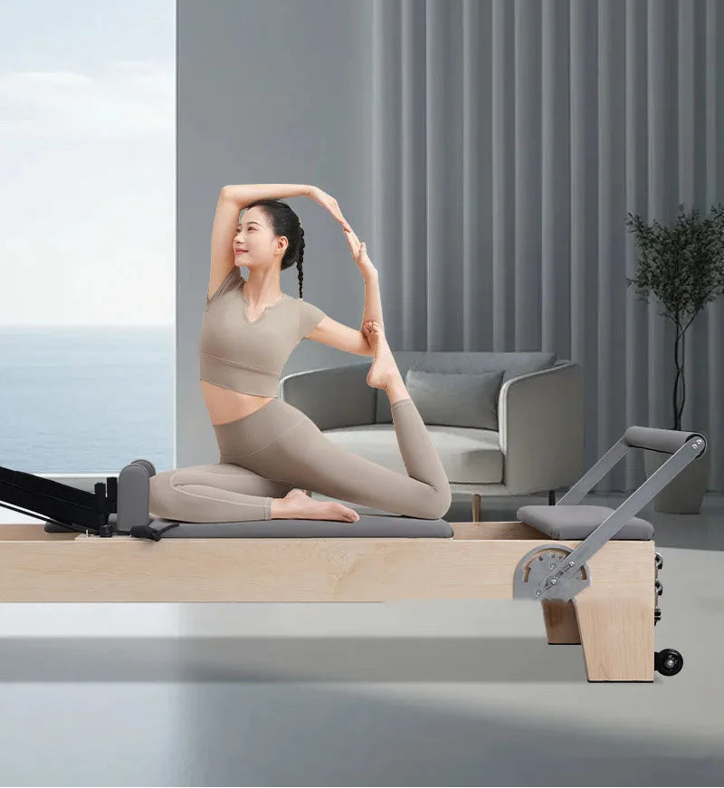Foldable Pilates Reformer – Oak Wood & PU Leather, 228cm, SGS/CE/ISO Certified, Home & Studio Core Bed