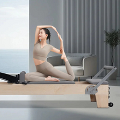 Foldable Pilates Reformer – Oak Wood & PU Leather, 228cm, SGS/CE/ISO Certified, Home & Studio Core Bed