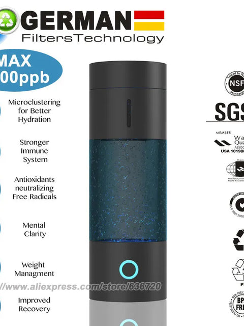 Up to 5000 PPB Hydrogen Water Bottle Generator IP67 waterproof design Performance  SPE+PEM Dual Chamber Technology