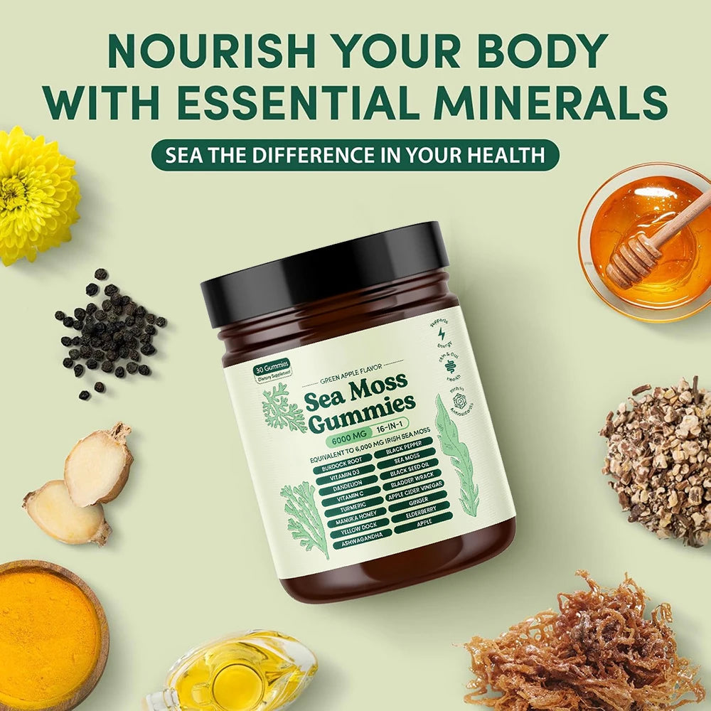 Sea Moss Gummies 16-in-1 – Ashwagandha, Black Seed Oil, Turmeric, Bladderwrack & Vitamin C D3 for Immune & Gut Health
