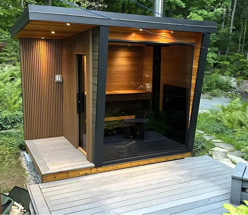 Outdoor Red Cedar Sauna Cabin with Snow Roof | 3–4 Person | Backyard & Villa