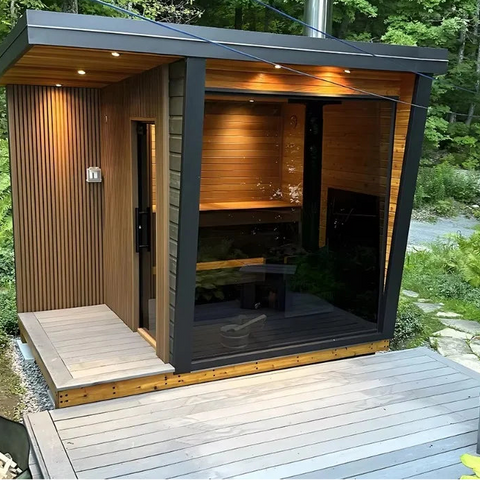 Outdoor Red Cedar Sauna Cabin with Snow Roof | 3–4 Person | Backyard & Villa