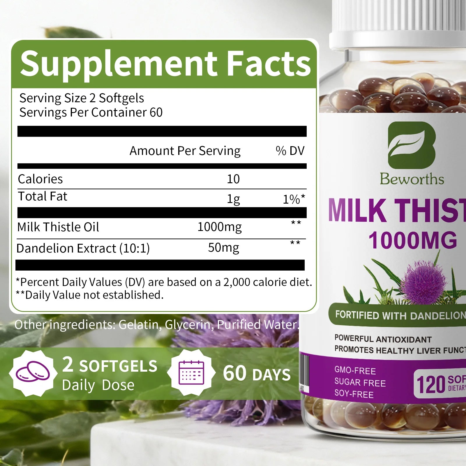 Milk Thistle Capsules – 1000mg with Dandelion Root for Liver Detox, Liver Health & Digestive Support