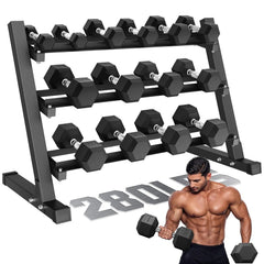 Rubber Hex Dumbbell Set with 3-Tier Rack | 5–35 LB | 280 LBS Home Gym Set